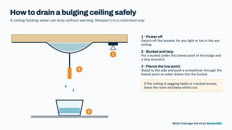 Diagram showing a ceiling bulging with water, the light fixture switched off, a bucket and tarp below, and a screwdriver piercing the lowest point