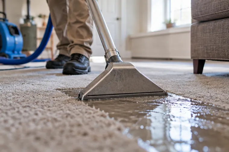 Close-up of an extraction wand pulling standing water out of soaked carpet