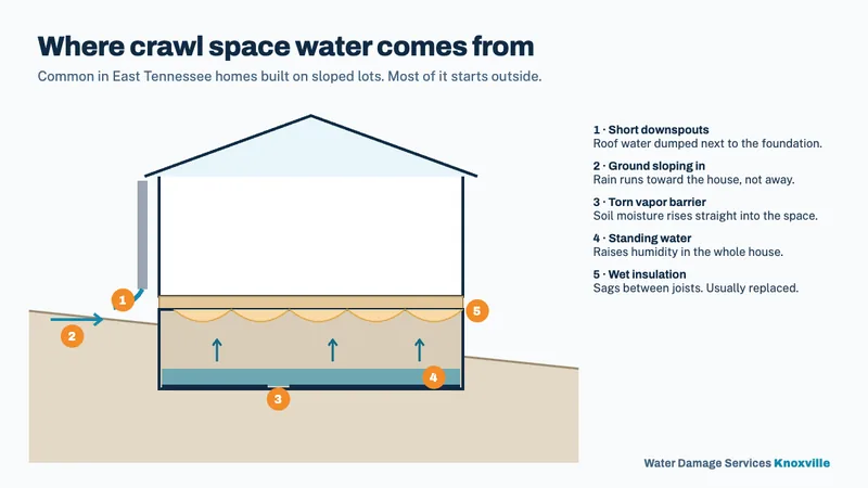 Diagram of a house on a sloped lot showing short downspouts, ground sloping toward the house, a torn vapor barrier, standing water and wet insulation in the crawl space