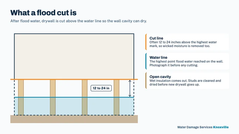 Wall section diagram showing the water line, a cut line 12 to 24 inches above it, and the opened wall cavity with studs exposed