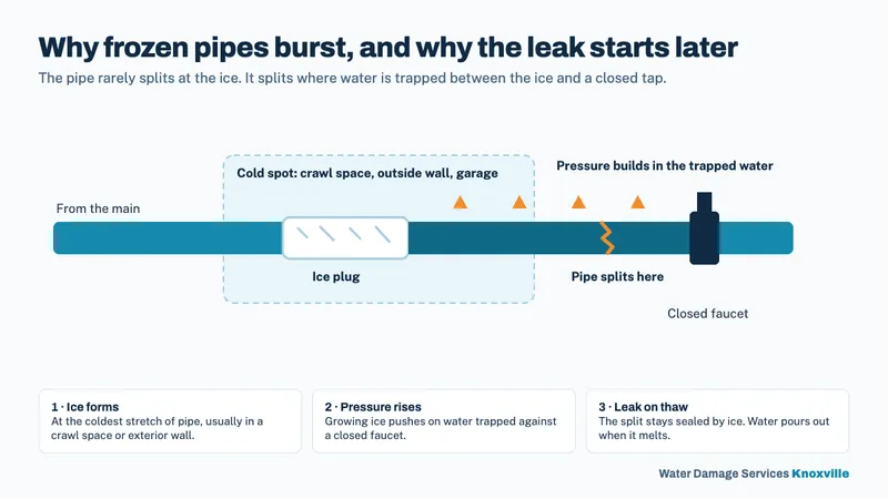 Diagram showing an ice plug in a pipe, trapped water building pressure against a closed faucet, and the pipe splitting between them