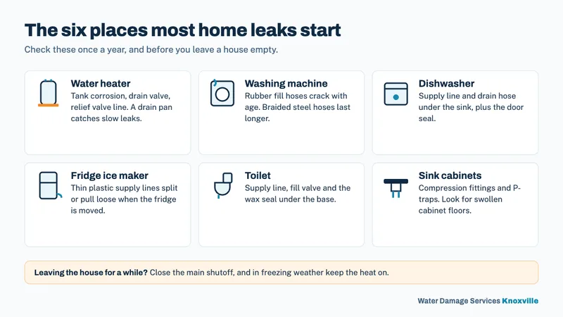 Checklist diagram of six common household leak points: water heater, washing machine, dishwasher, fridge ice maker, toilet and sink cabinets