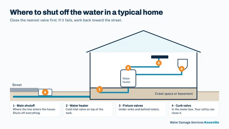 Cross-section diagram of a house showing the main shutoff where the line enters, the water heater inlet valve, fixture valves under the sink and toilet, and the curb valve in the meter box
