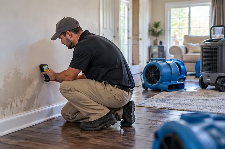Moisture meter pressed against a water-stained interior wall to check how wet the drywall is