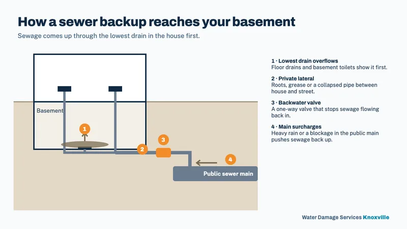Diagram of a house showing sewage rising from a basement floor drain, the private lateral line to the street, a backwater valve, and the public sewer main
