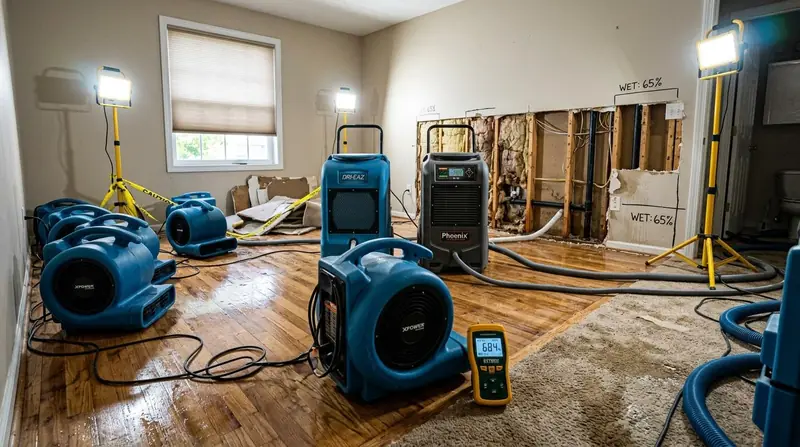 Room with drywall cut open, dehumidifiers and air movers running, and moisture readings marked on the wall