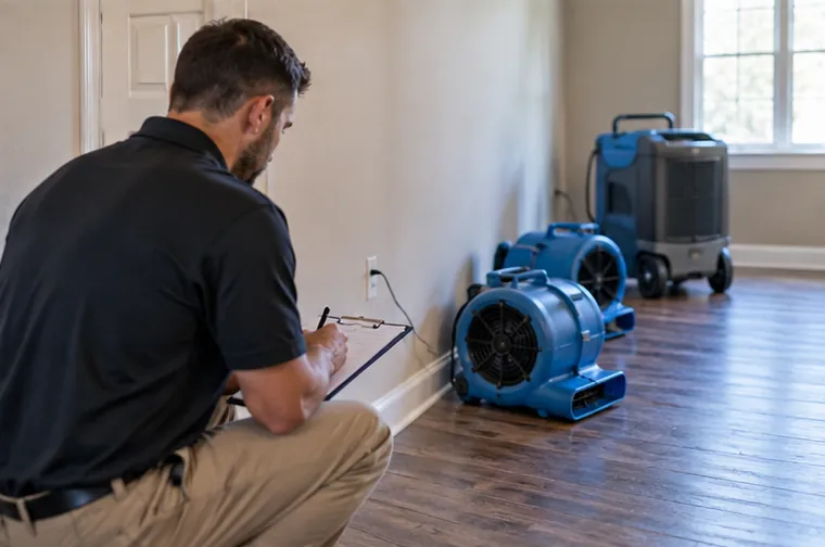 Technician noting moisture readings on a clipboard next to a dehumidifier and air movers in an empty room
