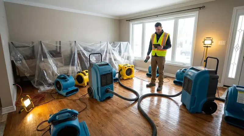 Restoration technician checking readings on a tablet in a living room full of dehumidifiers and air movers, with furniture wrapped in plastic