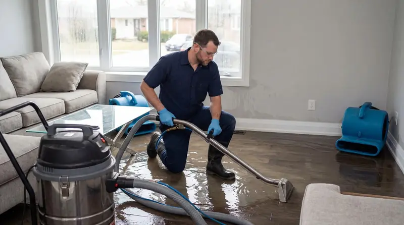 Technician using an extraction wand to pull water out of a hardwood floor