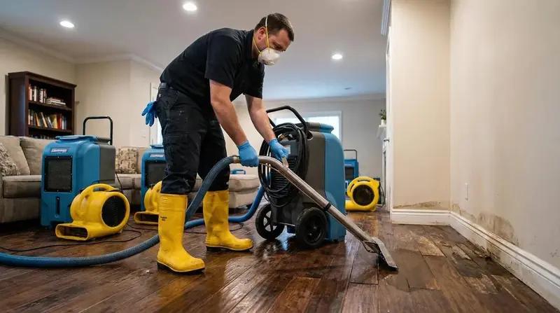 Technician in a mask and rubber boots extracting water from a dark hardwood floor, with water stains along the bottom of the wall